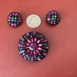 Vintage Brooch & Clip On Earrings Pink Blue Yellow Stones Black Metal